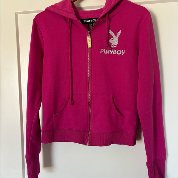 PLAYBOY Tops - Womens PLAYBOY Pink Sweatshirt Hoodie with Silver Diamond Rhinestones Medium